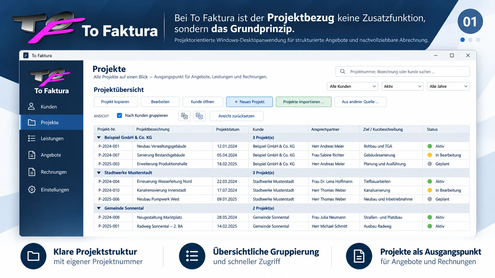 Produktvisualisierung der Projektübersicht mit fiktiven Beispieldaten
